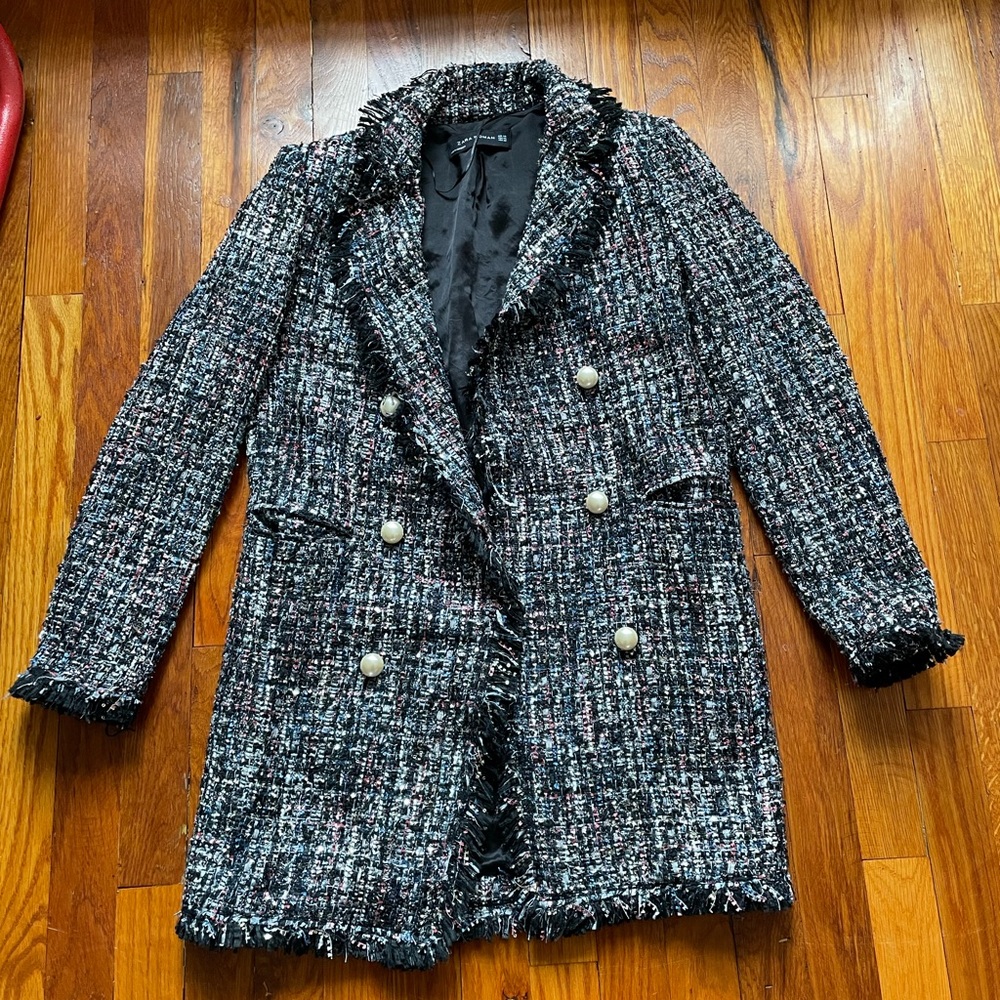 Zara woman fantasy sparkly tweed blazer with pearl buttons XS